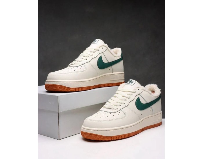 Nike Air Force 1 Low White/Green/Brown с мехом